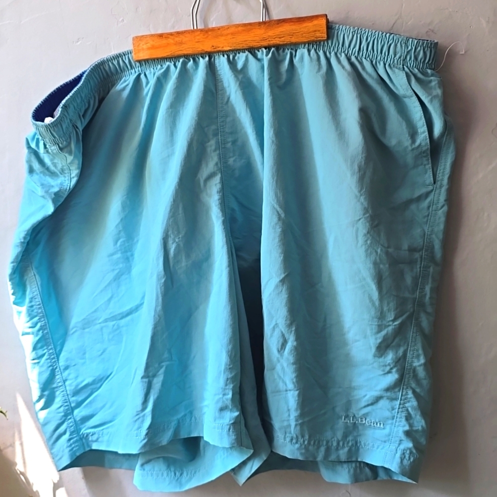 LL Bean MENS Swim Trunks Mesh Lined Drawstring Stretch Waist Aqua 2XL